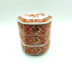 Takahashi Japanese Porcelain Bento Stacking 3 Tier Flower Gold Bowls Lid Vtg Red